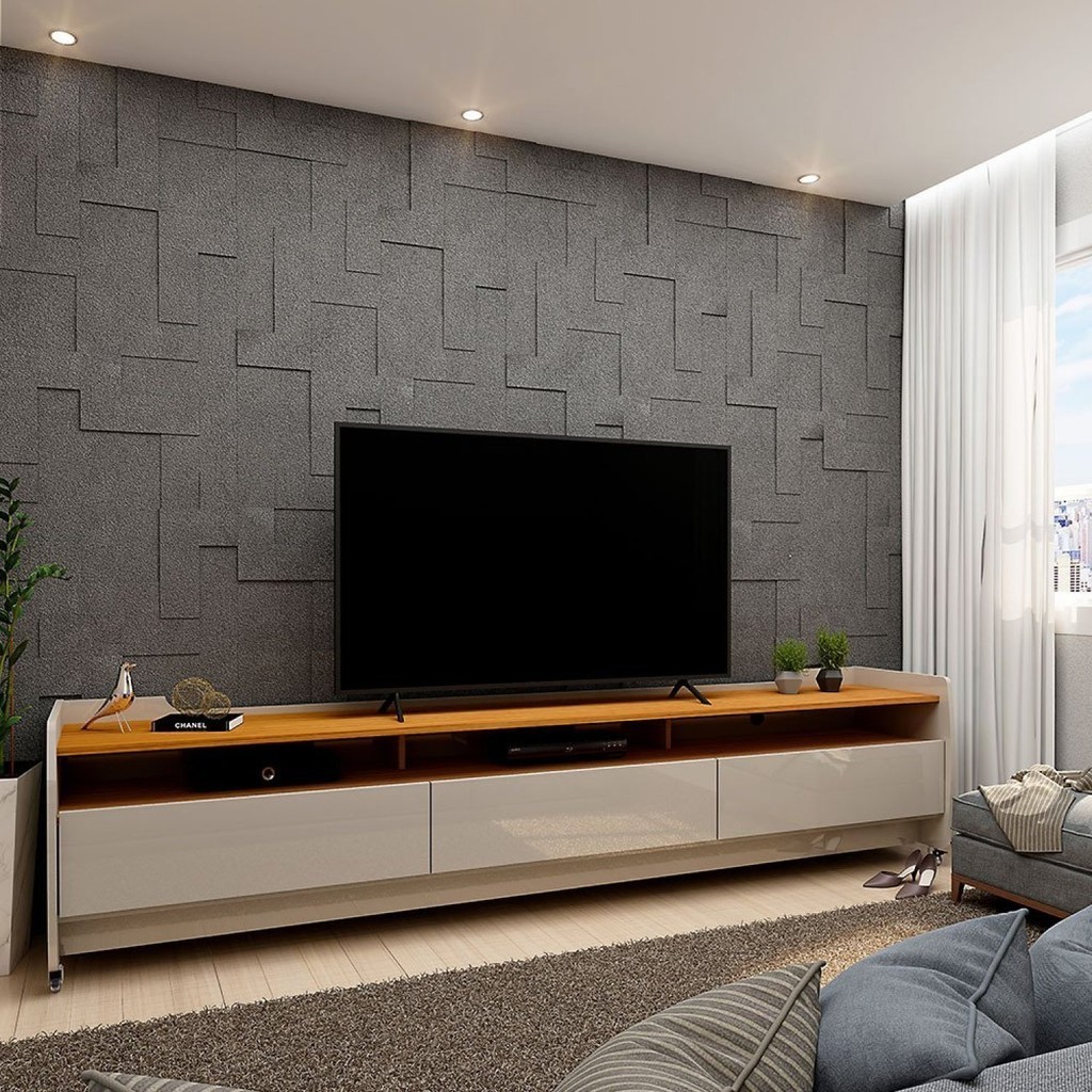 Rack para TV até 90 Polegadas com Rodízios 3 Gavetas 3 Nichos Sublime 220cm 100% MDF Off White/Naturale - Home & Living