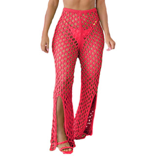 Calça Feminina Saida De Praia Tricot Croche Cintura Alta Fenda Verão