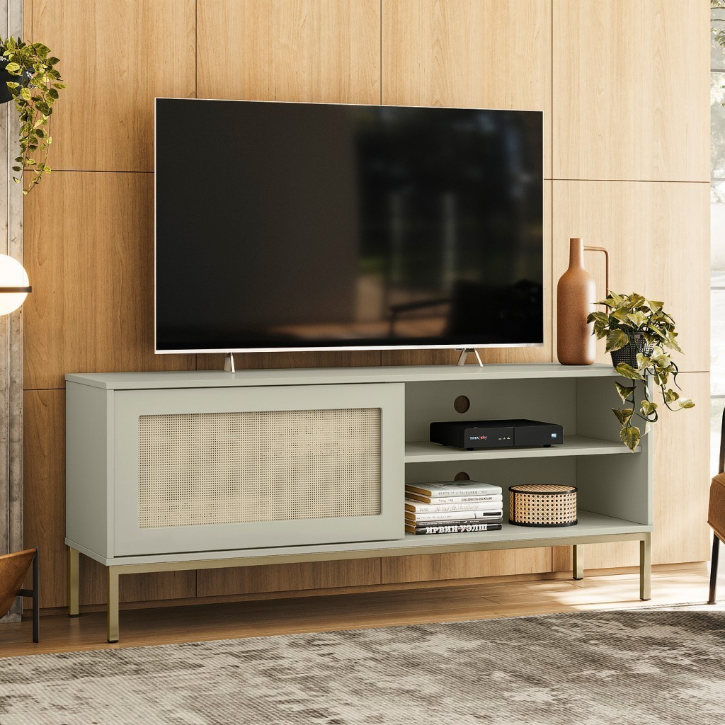 Rack Buriti Estilo Industrial Moderno Sala de Estar Tv 55" Pés de Ferro 135cm Off White-Olivar Móvei em Oferta na Shopee