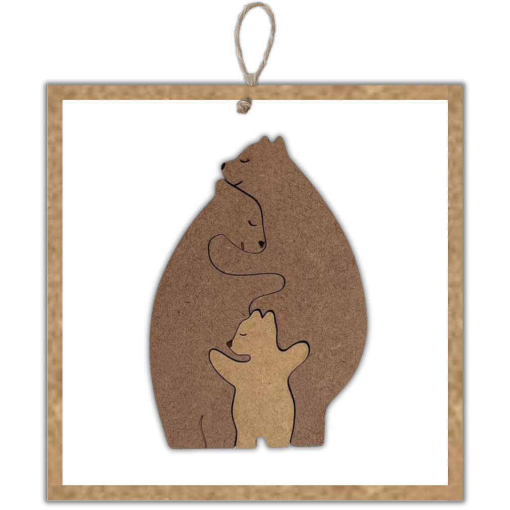 Quadro de Mdf Porta de Maternidade Decorativo Quebra-Cabeça Familia Urso 20x20cm