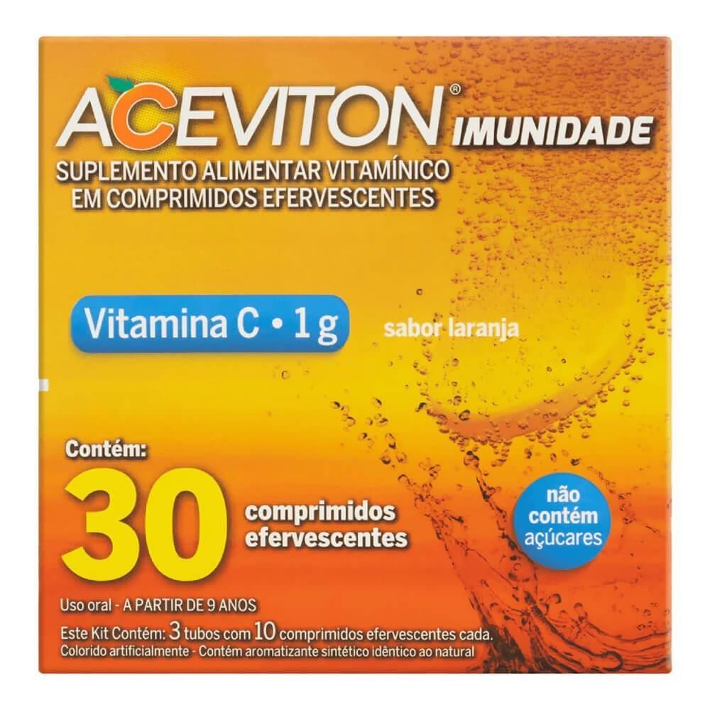 ACEVITON VITAMINA C 1G COM 30 COMPRIMIDOS EFERVESCENTES SABOR LARANJA - Health
