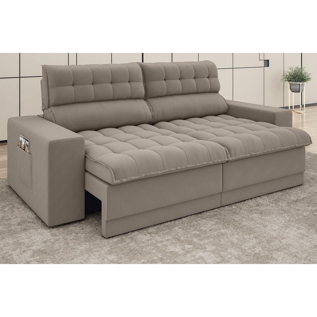 Sofá Omega 2,00m Assento Retrátil e Reclinável Velosuede Bege - NETSOFAS