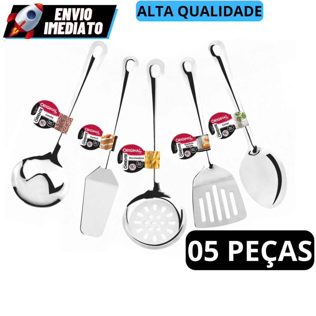 Kit 5 Utensilios De Cozinha Aco Inox Concha Escumadeira Espatula Vazada Colher Arroz Espatula Bolo