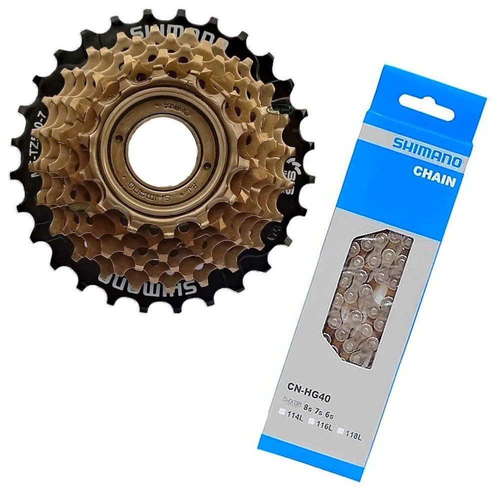 CATRACA / RODA LIVRE SHIMANO TOURNEY MF-TZ500 14/28D 7V + CORRENTE SHIMANO CN-HG40 116 ELOS - P/ CUBO DE ROSCA em Oferta na Shopee