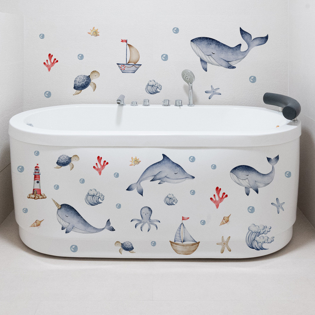 Adesivos de Parede Autocolantes de Parede Cartoon Criativos Autocolantes de Parede de Animais Subaquáticos Dolphin Octopus Sea Turtle Bathtub Decoração Autocolantes de Parede