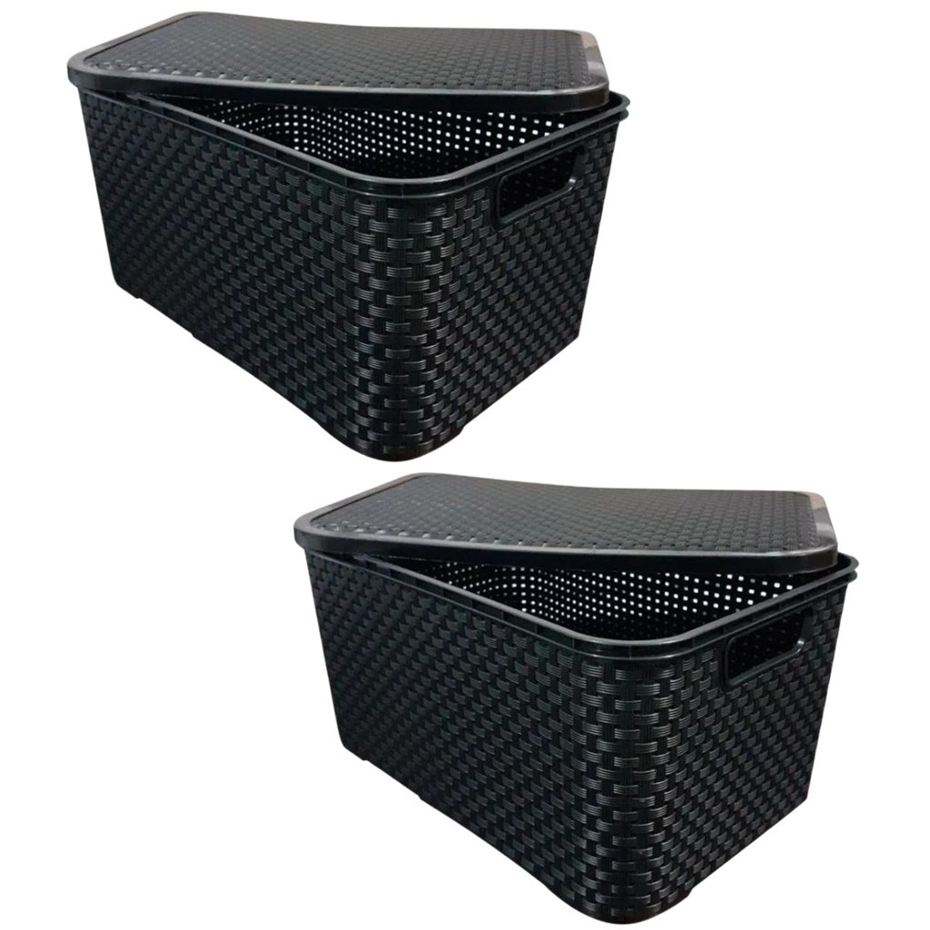 Kit 2 Caixa Organizadora Grande Cesto Multiuso Rattan Com Tampa Empilhável 15 Litros
