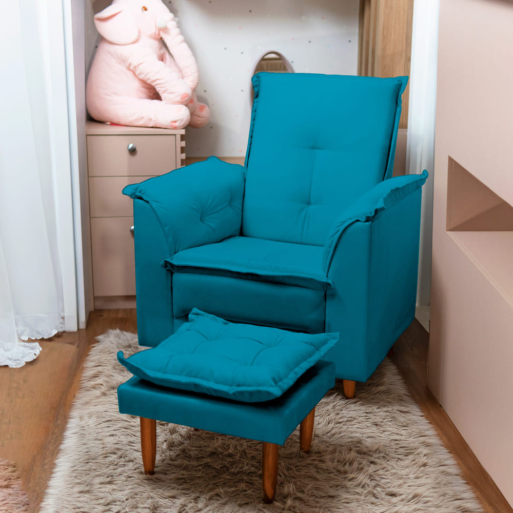 Poltrona Multifuncional Com Puff  Suede Azul Tiffany Tana Decor