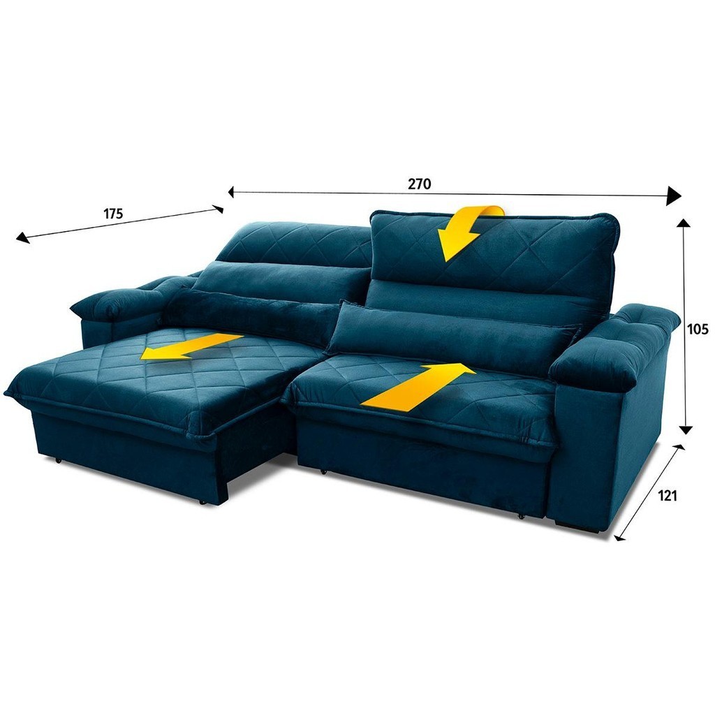 Sofá Retrátil Reclinável Grécia 2,70m Suede Velut Azul Marinho  Molas no Assento - King House