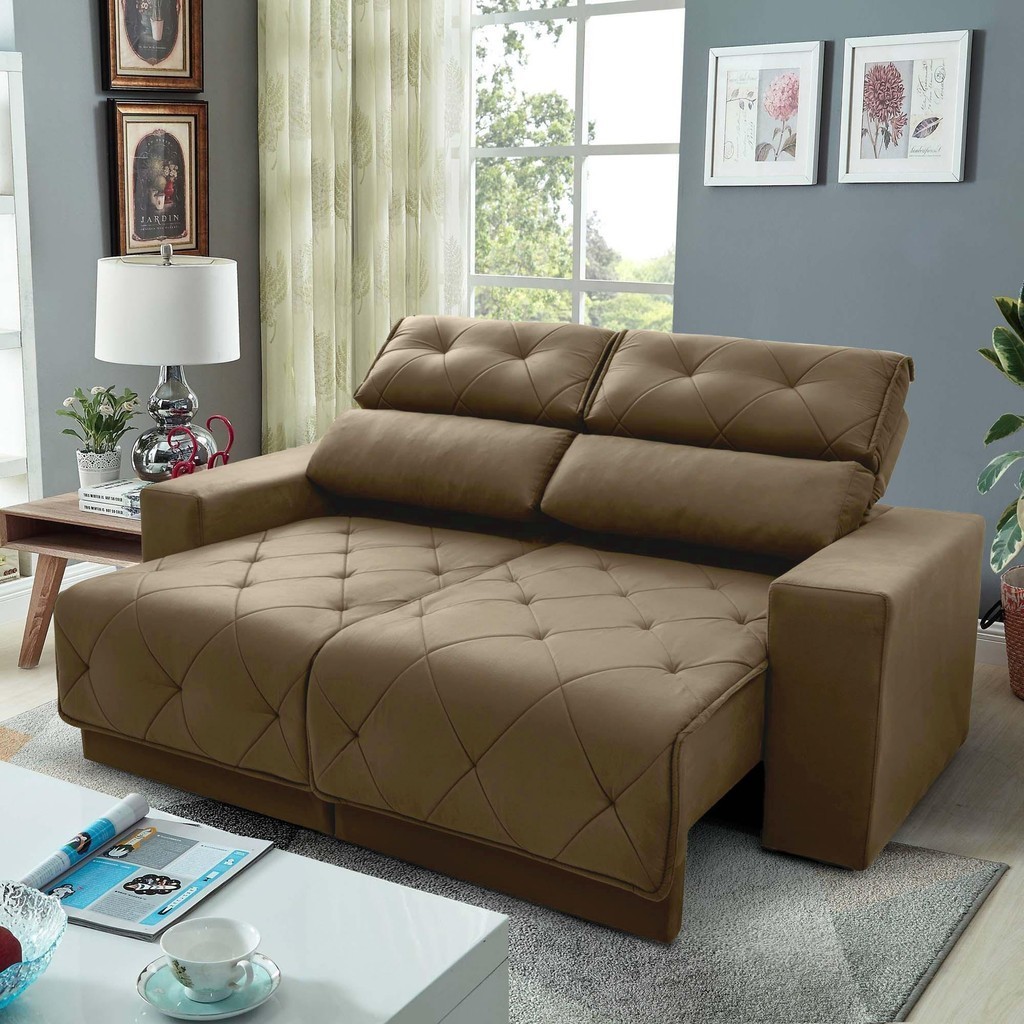 Sofá Retrátil Reclinável Belga 1,80m Suede Velut Bege Molas no Assento