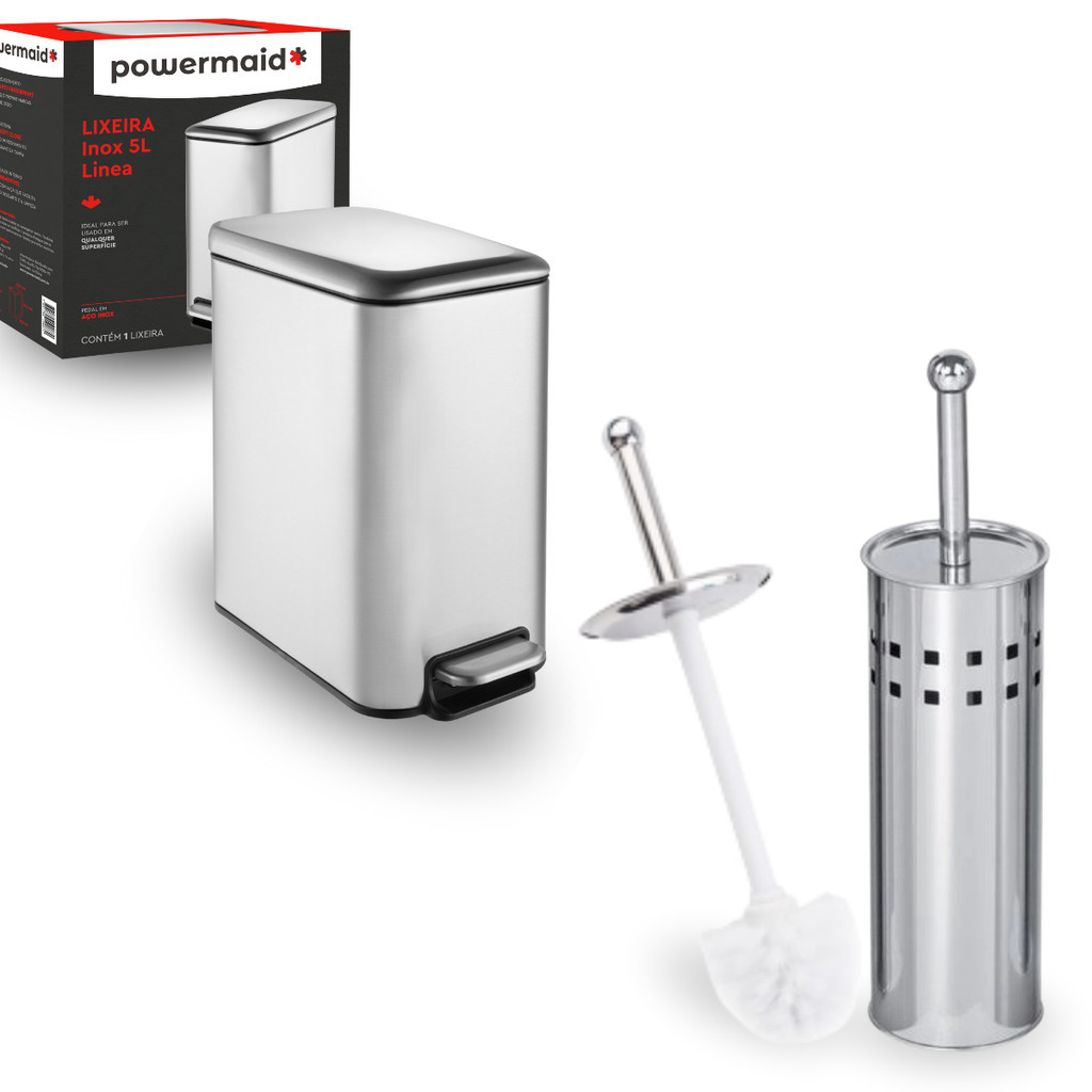Kit Lixeira Inox Línea 5L Pedal + Escova Sanitária Aço Inox