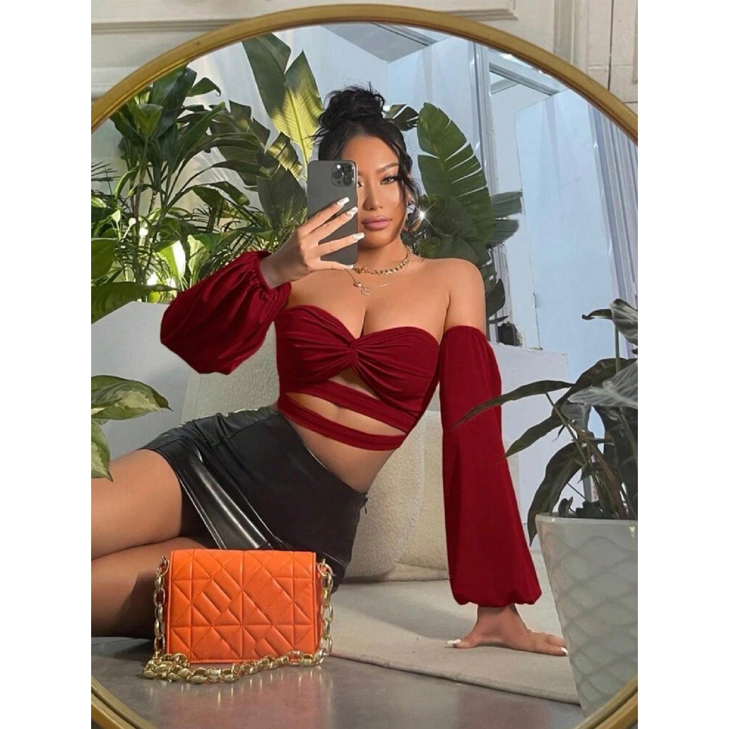 Cropped feminino manga longa ciganinha manga bufante suplex moda verão piscina e praia blogueirinha novo lançamento em Oferta na Shopee