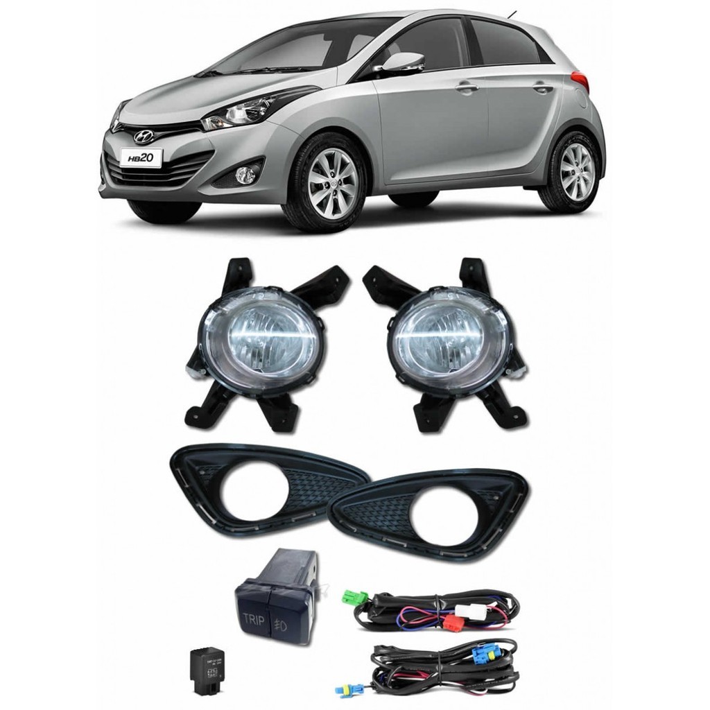 Kit Farol de Milha Neblina Hyundai HB20 2012 á 2015 com Interruptor Trip + Molduras