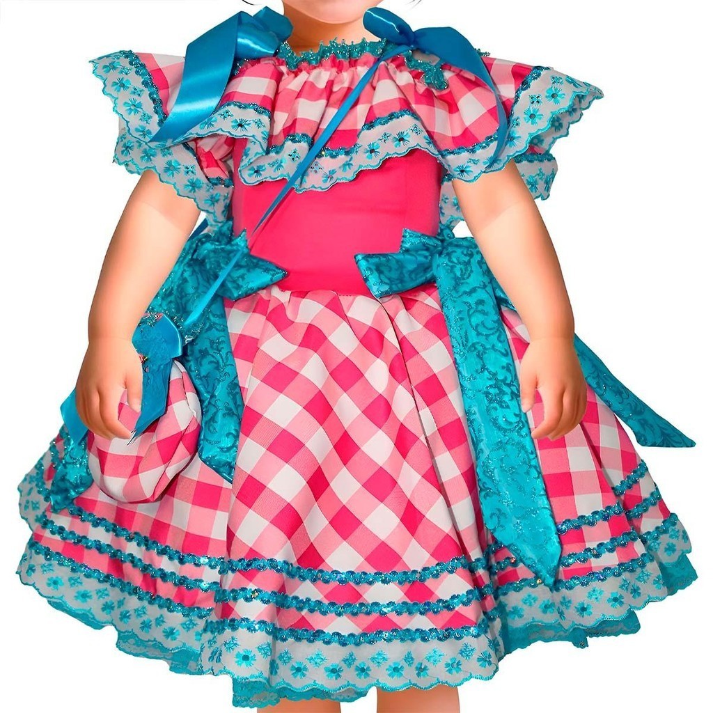 Vestido Xadrez Rosa de Bebe Menina pra Festa Junina de Luxo Confortável Alça e Cintura Ajustável e Bolsinha
