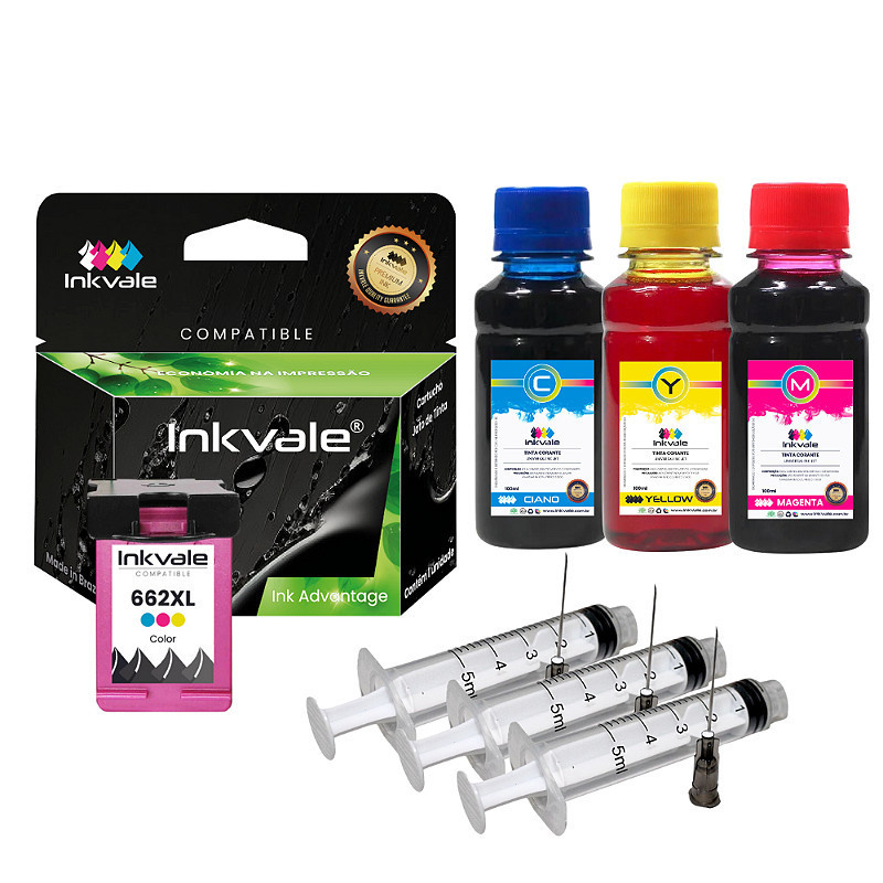 Cartucho Compatível HP 662 XL Color 1015, 1016 2546 3516 + Kit Recarga 300ml Tinta Ink