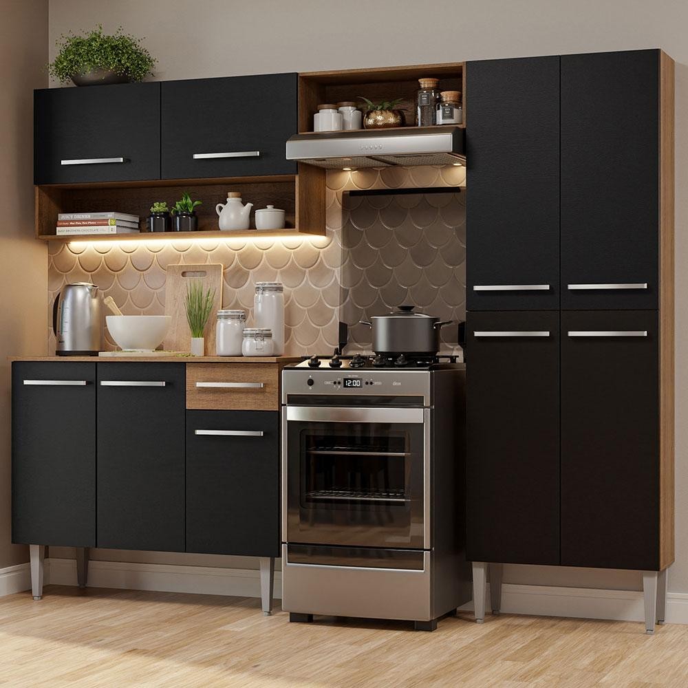 Armário de Cozinha Compacta Madesa Emilly Pop com Balcão Rustic/Preto em Oferta na Shopee