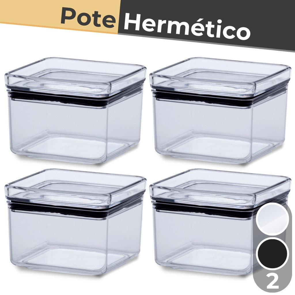 Kit 4 Potes Herméticos 480ml Quadrados Cristal ou Black - Paramount
