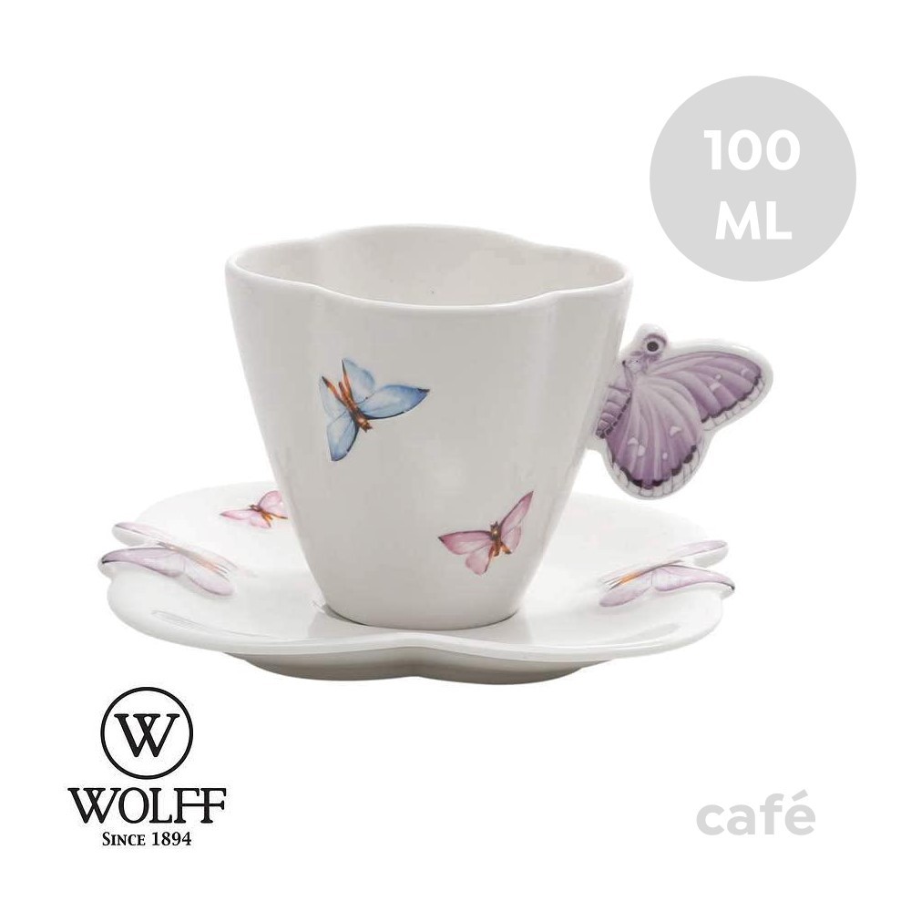 Jogo 6 Xícaras de Café em Porcelana com Pires Borboletas 100ml Wolff