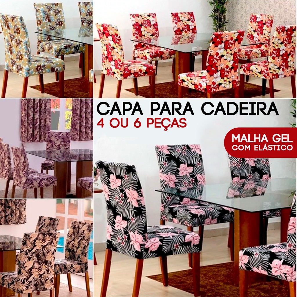 KIT 4 ou 6 Capa de Cadeira Floral Luxo Premium - Elásticada - Malha Gel Estampada ou Lisa