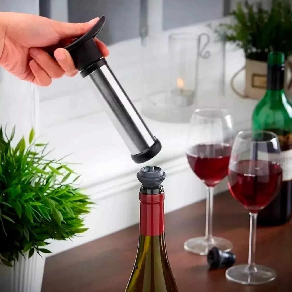 Kit Bomba A Vácuo + 2 Rolhas Silicone Garrafa Vinho Sucção