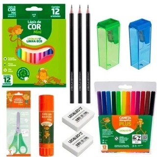 Kit Escola Leo&Leo - Lápis Mini 12 Cores+3 Lápis Escrever+2 Apontador Depósito+Tesoura+Co…