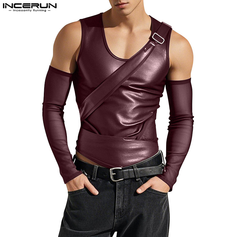 INCERUN Camisetas Masculinas Vintage Fashion Com Gola Redonda E Imitação De Couro Renda em Oferta na Shopee