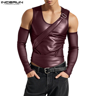 INCERUN Camisetas Masculinas Vintage Fashion Com Gola Redonda E Imitação De Couro Renda em Oferta na Shopee