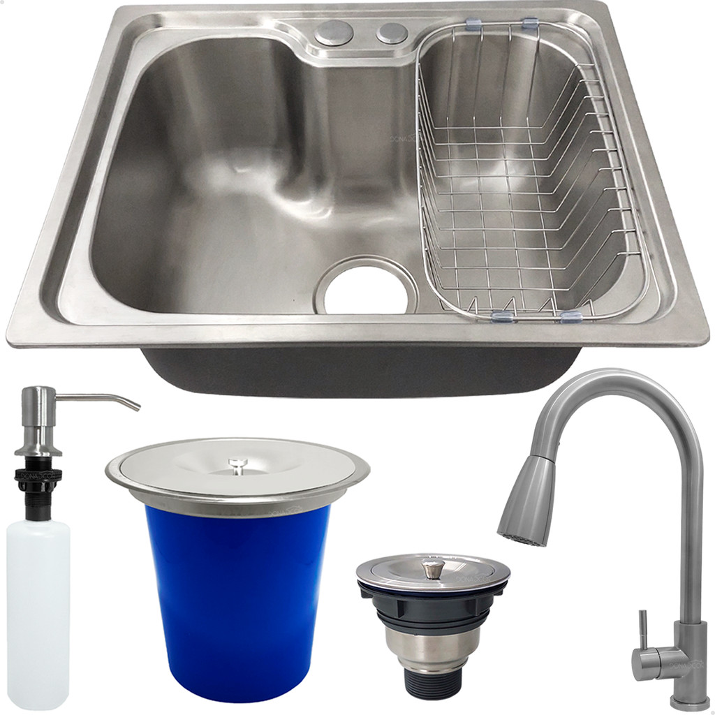 Kit Cozinha Cuba Gourmet Inox 304 50x40 Lixeira 5 Litros Torneira Alta Dispenser 500ml Valvula Sifao
