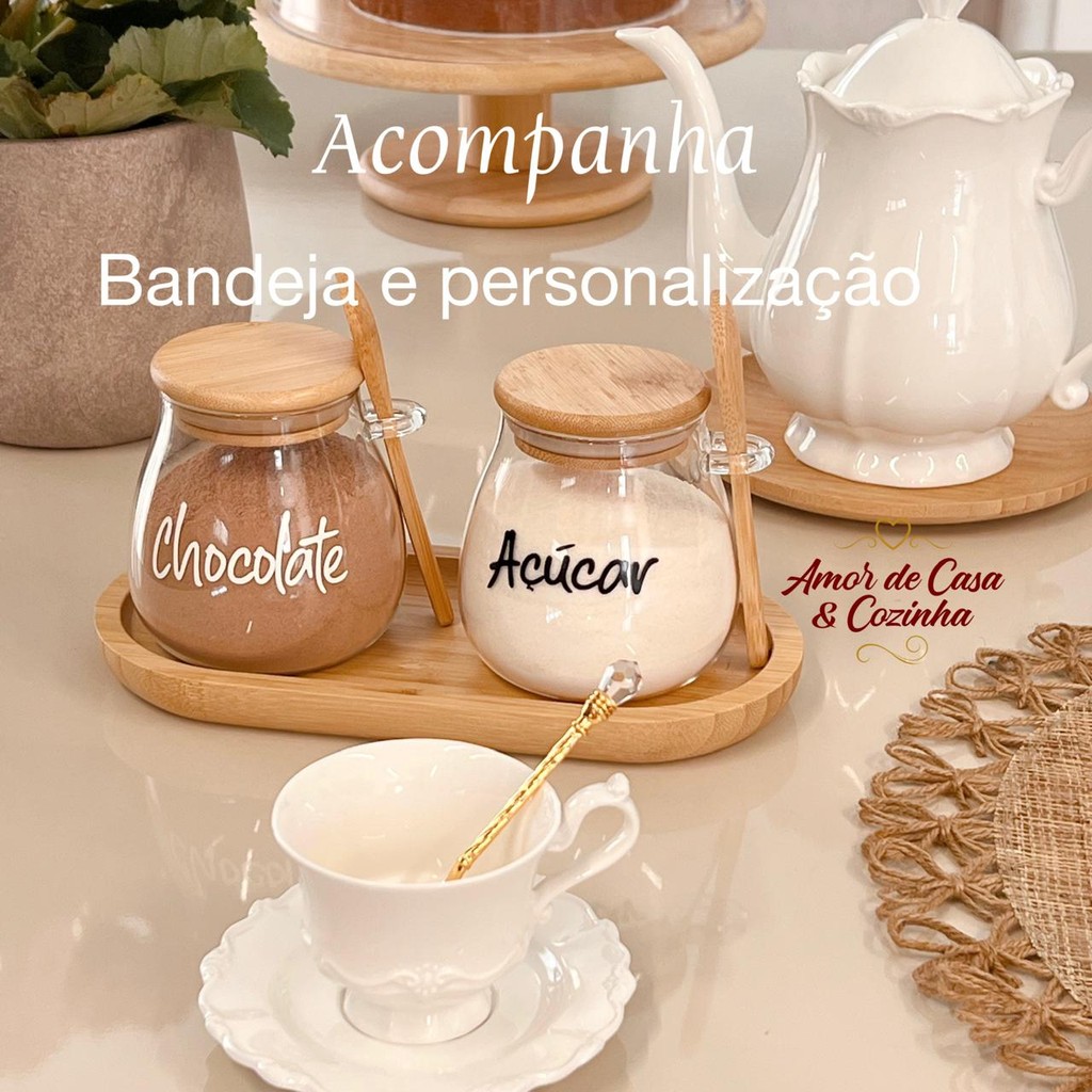 KIT 2 POTES 400ML COM TAMPA COLHER E BANDEJA DE BAMBU STYLE PERSONALIZAÇÃO em Oferta na Shopee