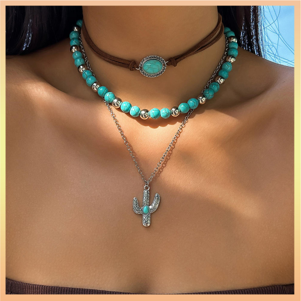 Vintage 3 Camadas Turquesa Cabeça De Vaca Clavícula Corrente Frisado Colar Para Mulheres Étnico Cactus Pingente Cruz Gar em Oferta na Shopee