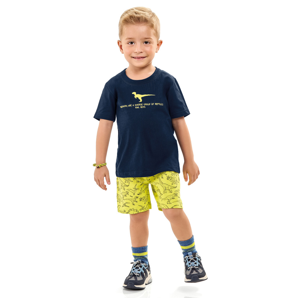 Conjunto Menino Camiseta Azul Dinossauro e Bermuda Amarela Moletinho Estampada - Kamylus - Tamanho 01, 03 e 04