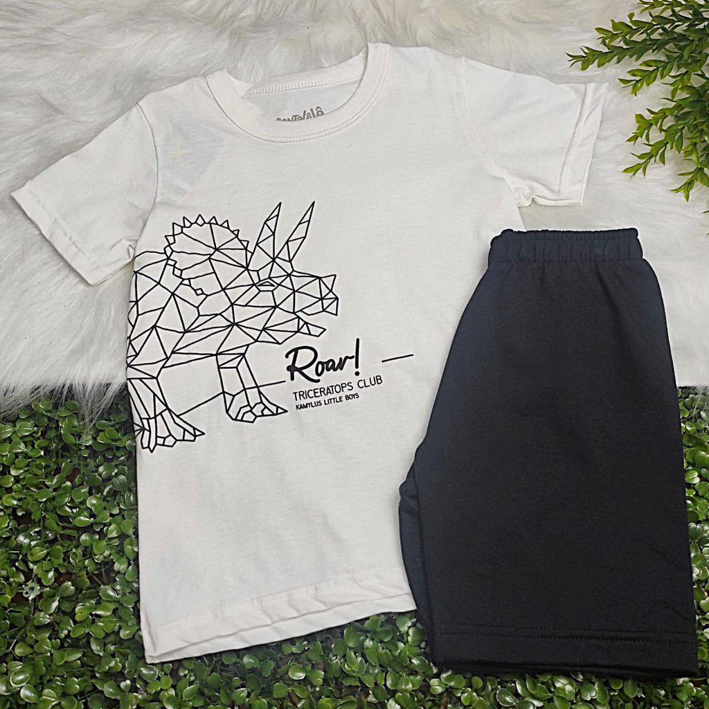 Conjunto Menino Camiseta Dinossauro Off-White e Bermuda Moletinho - Kamylus - Tamanho 02, 04 e 06