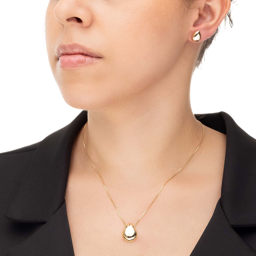 Brinco e Colar Feminino Gota Pequena, Semijoia, Ouro 18K