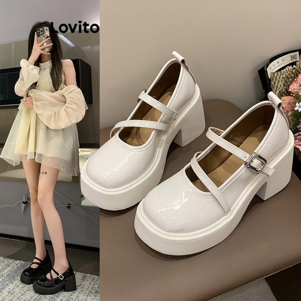 Lovito Elegante Simples Cabeça Redonda Retro Salto Alto Mary Jane Estilo Preppy Salto para Mulheres LFA58318 - Women Shoes