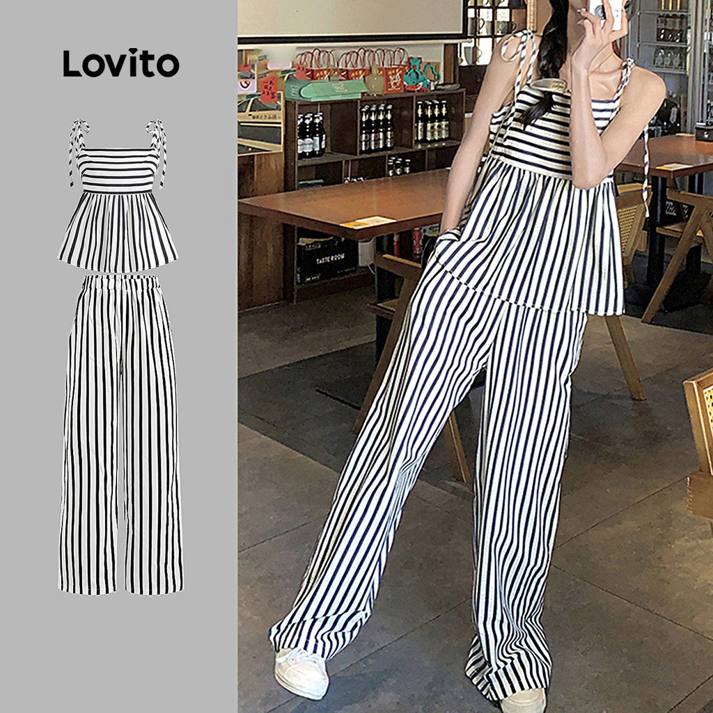 Lovito Tops ou calças femininas casuais listradas com botões nas costas L125AD066 - Women Clothes