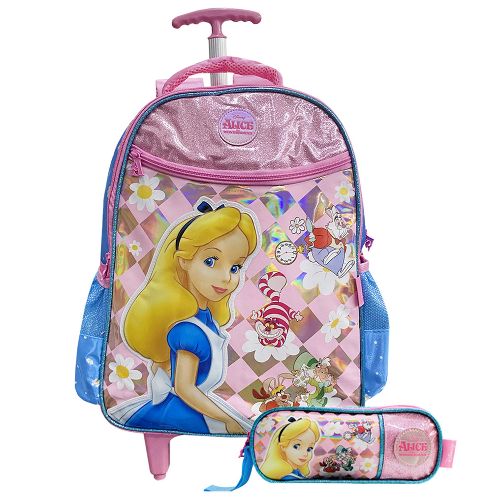 Mochila Alice No País Das Maravilhas Escolar Com Rodinhas e Estojo Dois Compartimentos Disney Infantil Meninas