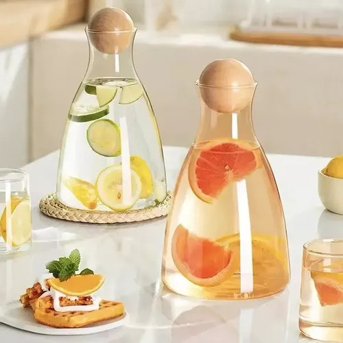 Jarra de vidro com Tampa de Bambu 1,7 Litros Kit 6 Copos de Vidro 280ml