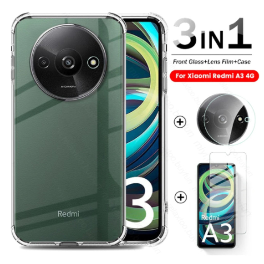 KIT 3 EM 1 Capa Transparente Xiaomi Redmi A3 / A3X + Pelicula Frontal Hidrogel + Pel. Câmera
