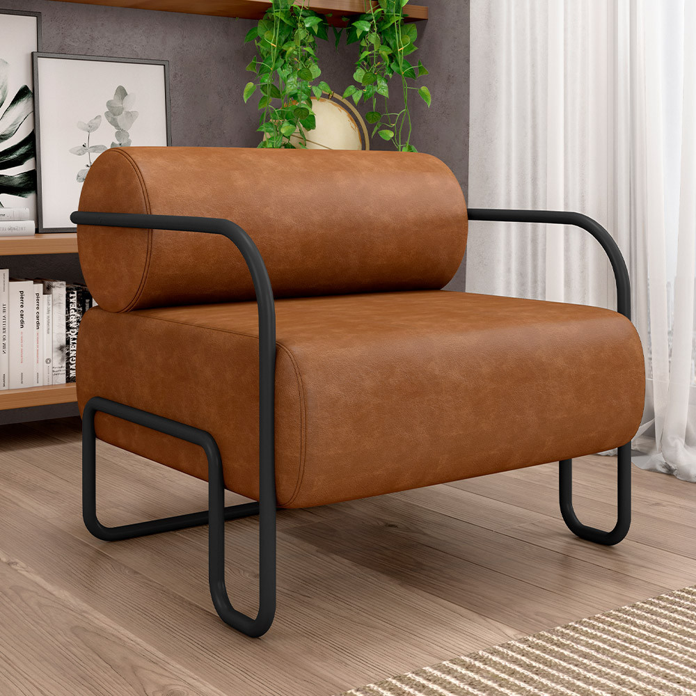 Poltrona Decorativa Pés Industrial Moscou K01 Couríssimo Caramelo - Lyam Decor em Oferta na Shopee