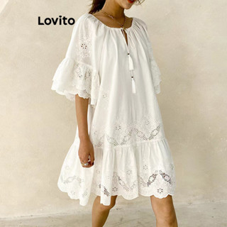 Lovito Vestido Boho Liso Com Ilhós Bordado Com Franjas Para Mulheres LNL50091