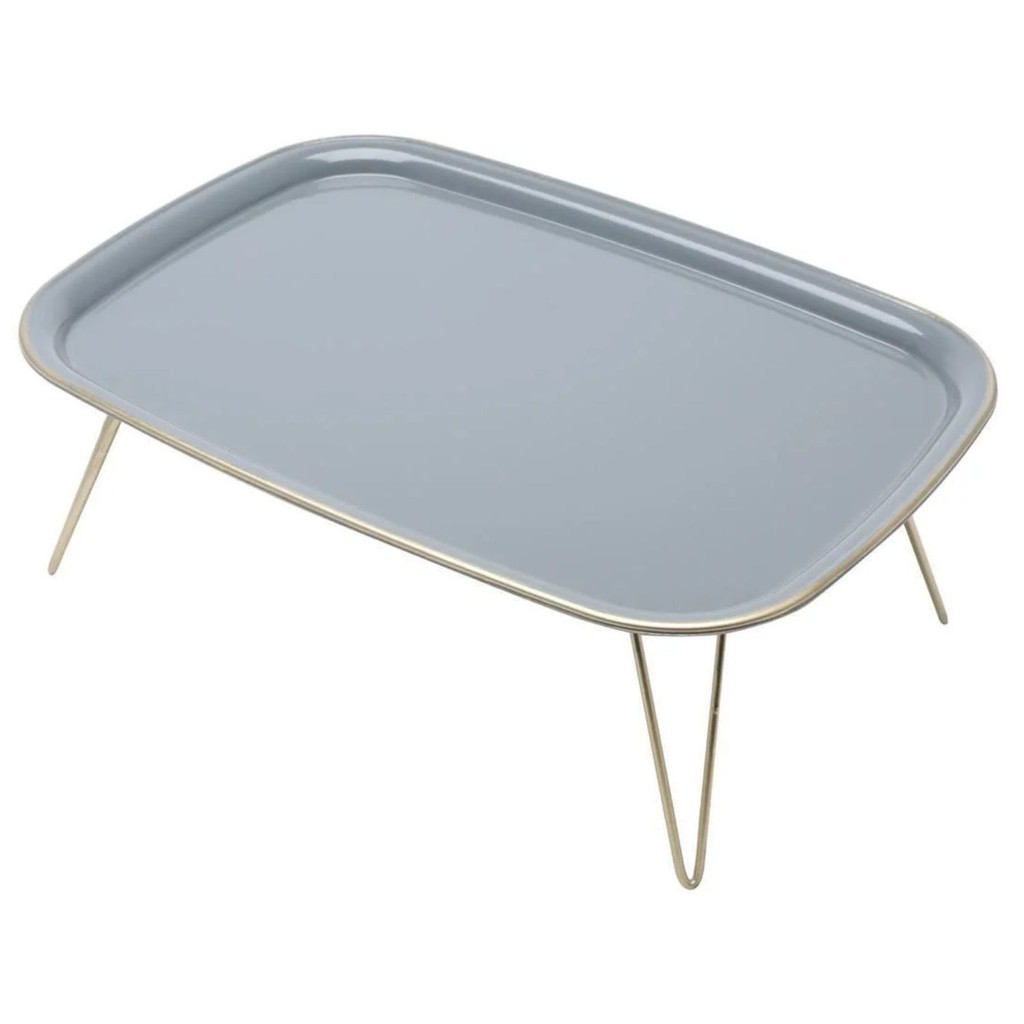 Bandeja Cinza com Pé Triangle Metal Dourado Café da Manhã