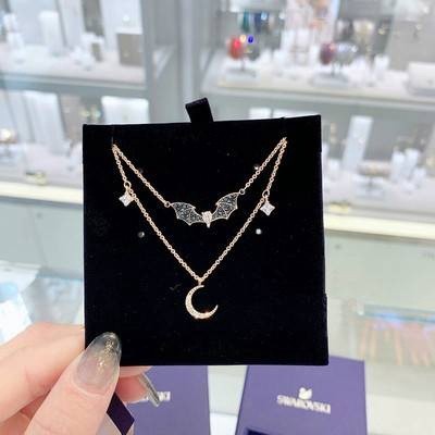 [Swarovski Swarovski Swarovski PROSPERITY Mystery Bat Elegant Star Moon Colar Feminino Jóias Uma Cadeia de Duas Camadas de Cadeia de Clavícula Dois em Um Colar de Dupla Camada