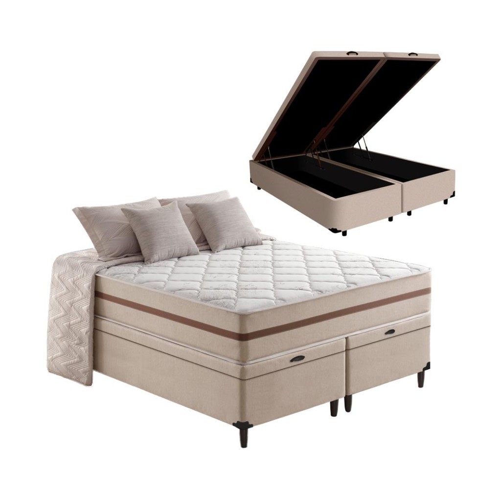 Cama Box Baú + Colchão Queen Classic Molas Pocket 158x198x64cm - Home & Living