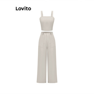 Lovito Casual Conjunto de Calça com Botão e Amarração para Mulheres L80ED247