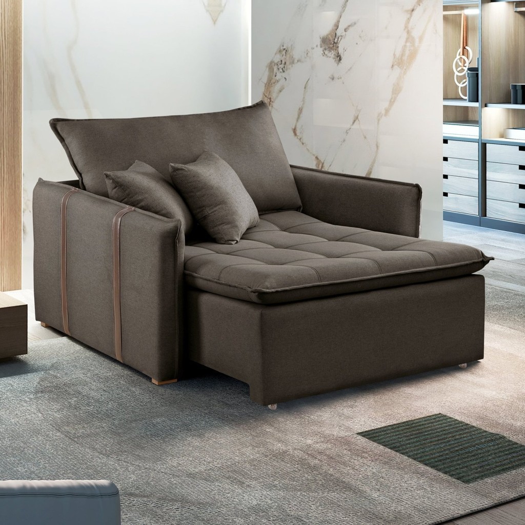 Poltrona Cama  em Madeira Eucalipto 110 cm Detroid Yescasa Veludo  Marrom