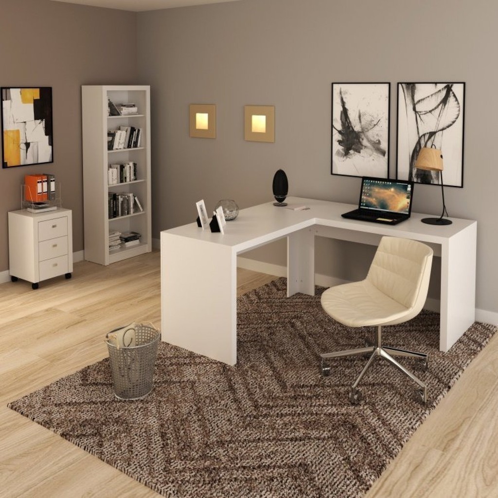 Conjunto 3 Peças com 1 Mesa em L 1 Estante 1 Gaveteiro Espresso Móveis Branco Branco