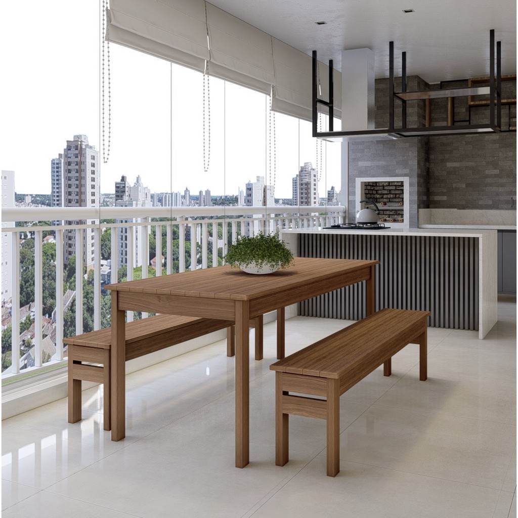 Conjunto Mesa e 2 Bancos em Madeira Maciça Ultron - Home & Living