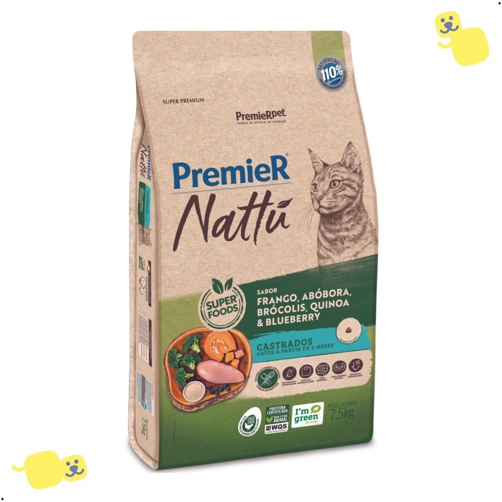 Alimento Premier Nattu Ração Gatos Castrados Frango, Abóbora, Brócolis 7,5kg Super Premium