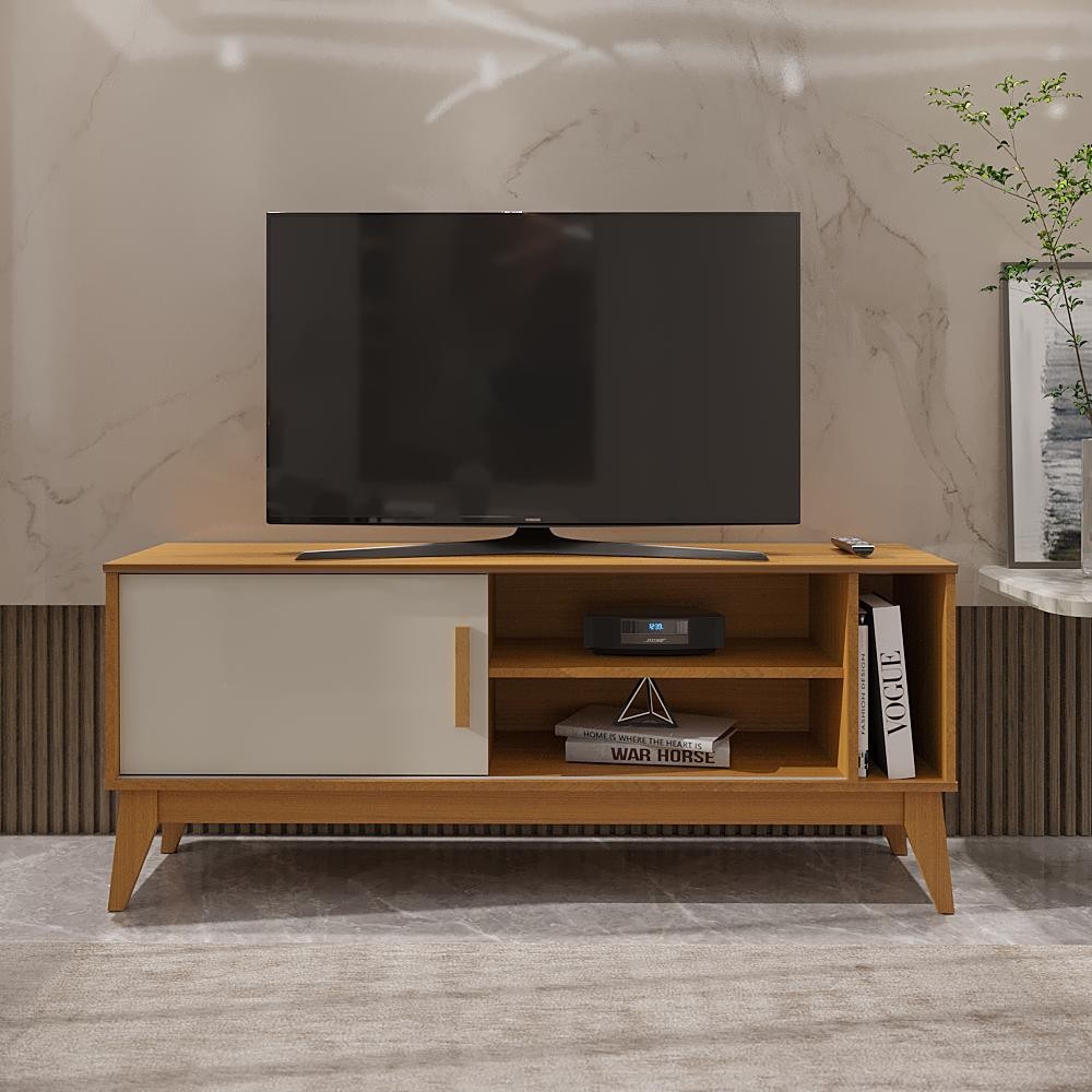 Rack para Tv Até 55 Polegadas 1 Porta com Puxador em Madeira Maciça Nero 136cm Retrô - Home & Living