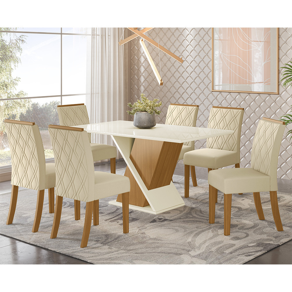 Conjunto Sala de Jantar Tampo MDF Canto Reto com Vidro 160 Cm 6 Cadeiras Indy Henn