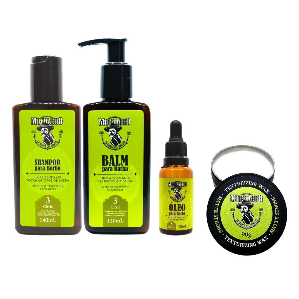 Kit Completo Barba e Cabelo - Shampoo, Balm e Óleo para Barba + Pomada Modeladora Matte Efeito Seco Muchacho Citric